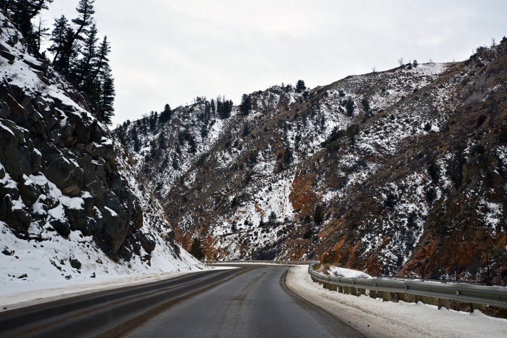 Scenic snowy mountain drive